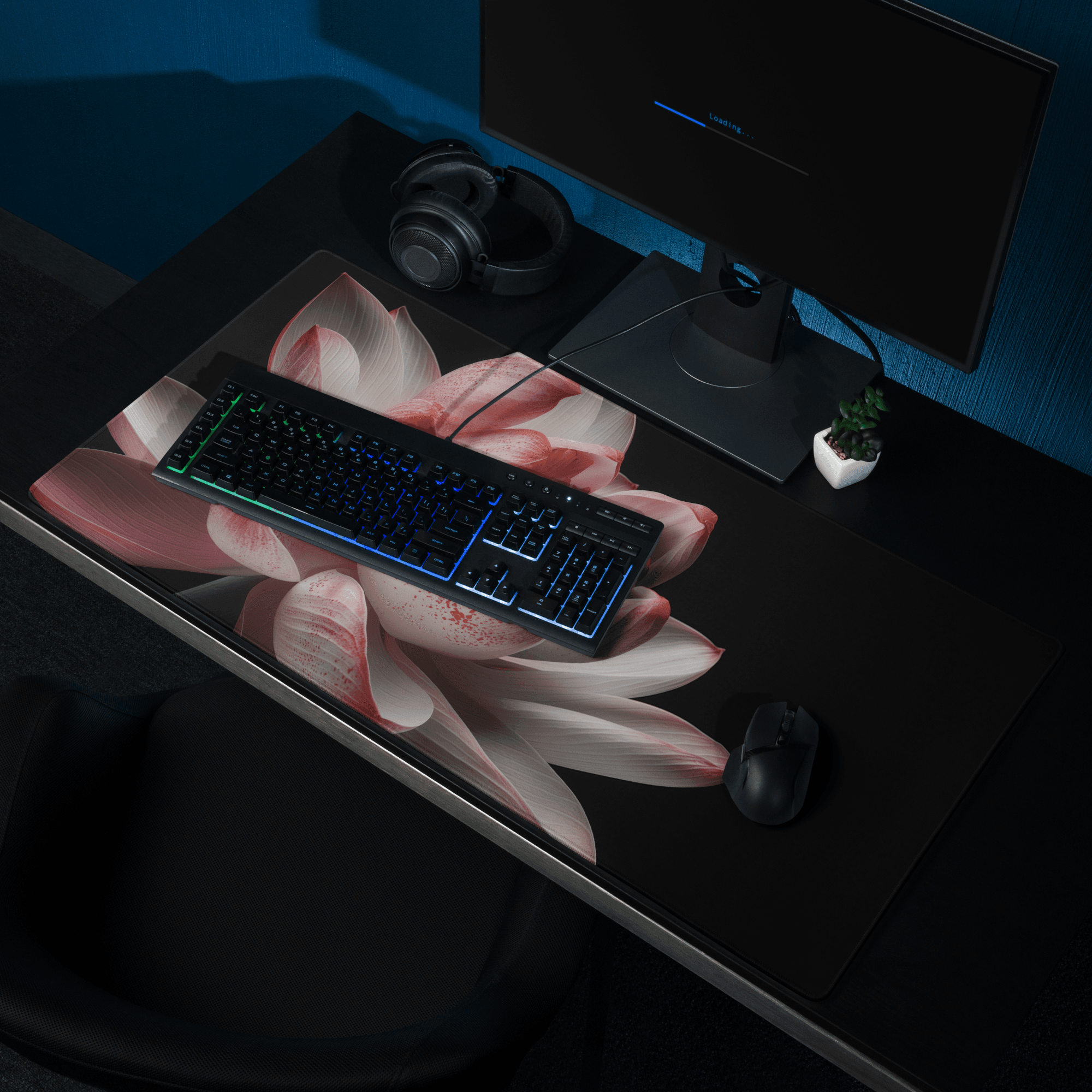 Pink lotus theme large gaming mouse pad with non-slip base and stitching