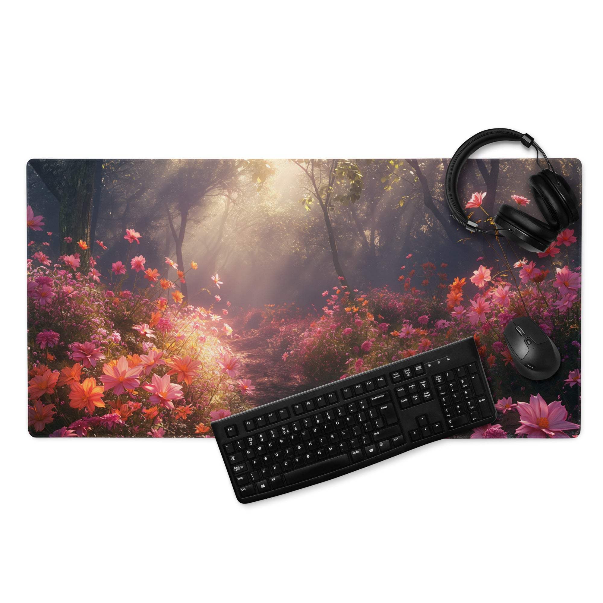 Floral forest gaming mouse pad with pink orange cosmos, non-slip base, stitched edges