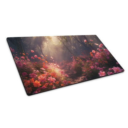 Floral cosmos cutting board with pink orange flowers in golden sunlight