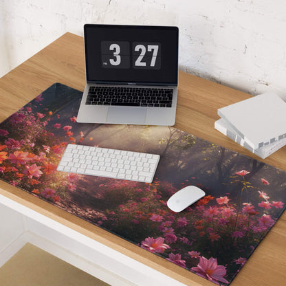 Floral garden gaming mouse pad with pink cosmos flowers, non-slip base