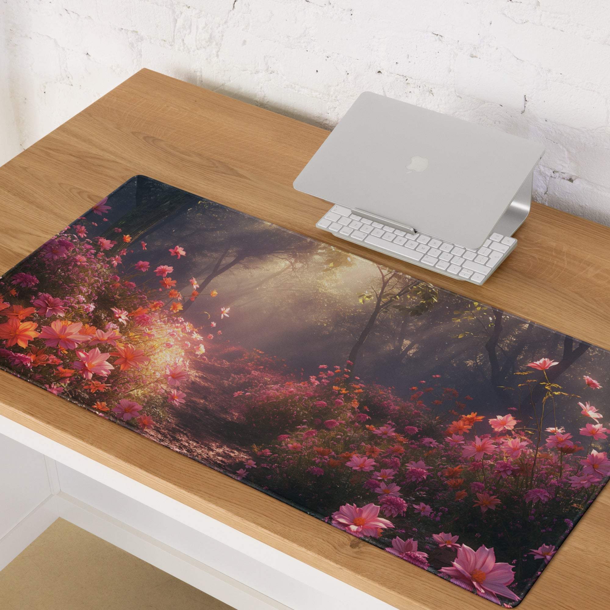 Floral garden gaming mouse pad with pink orange cosmos flowers sunlit non-slip large
