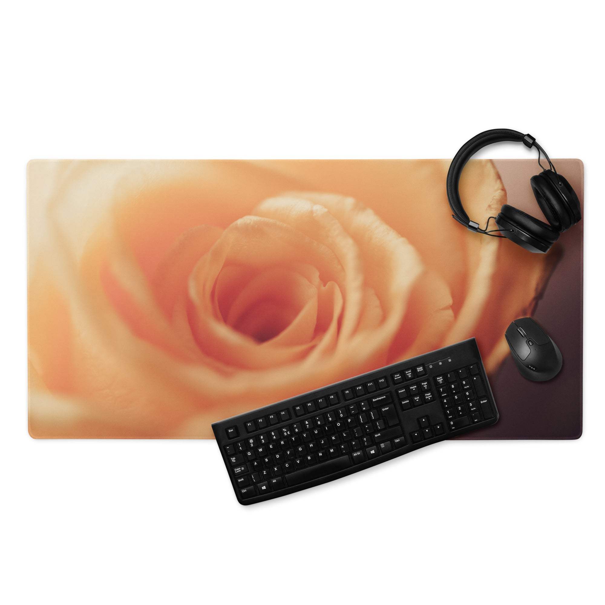 Large romantic peach rose gaming mouse pad with orange rose close-up, edge stitching, non-slip backing