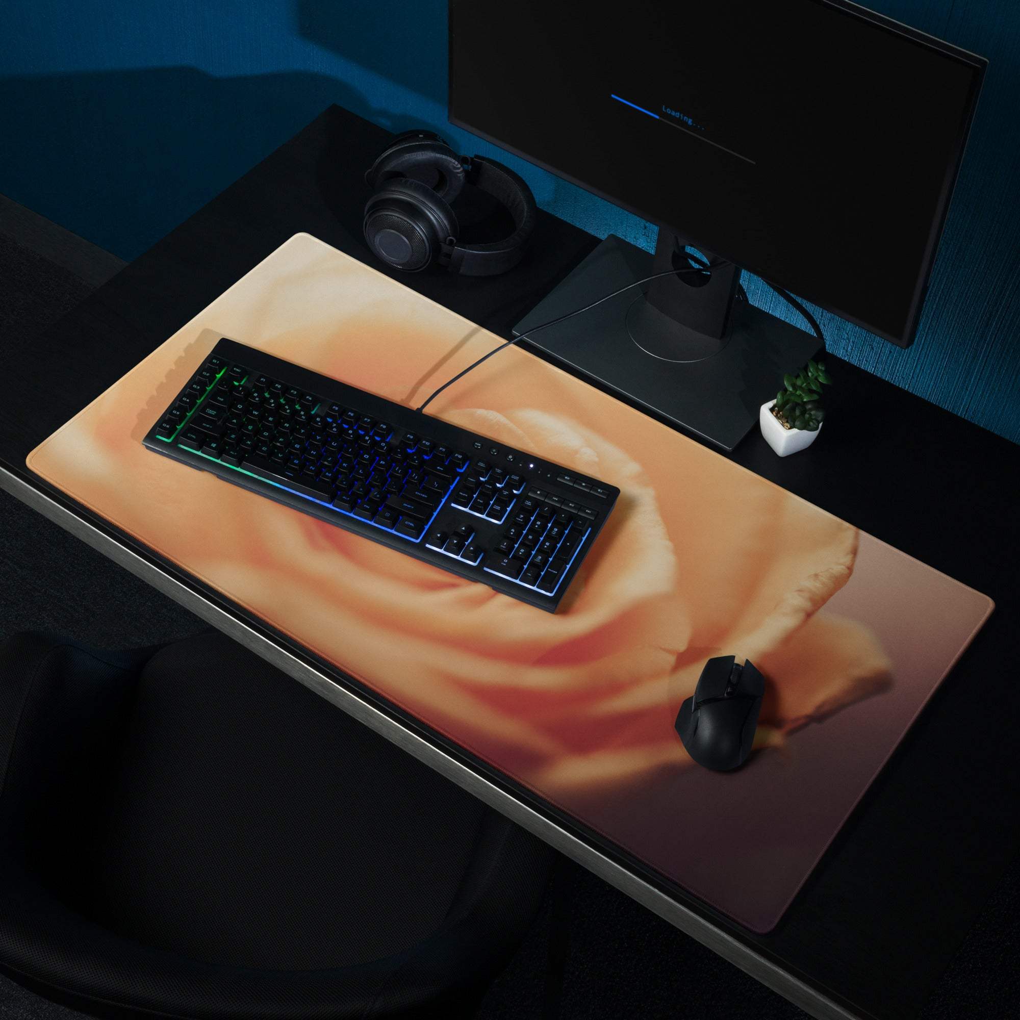 Romantic peach rose gaming mouse pad with large size, edge stitching, non-slip backing