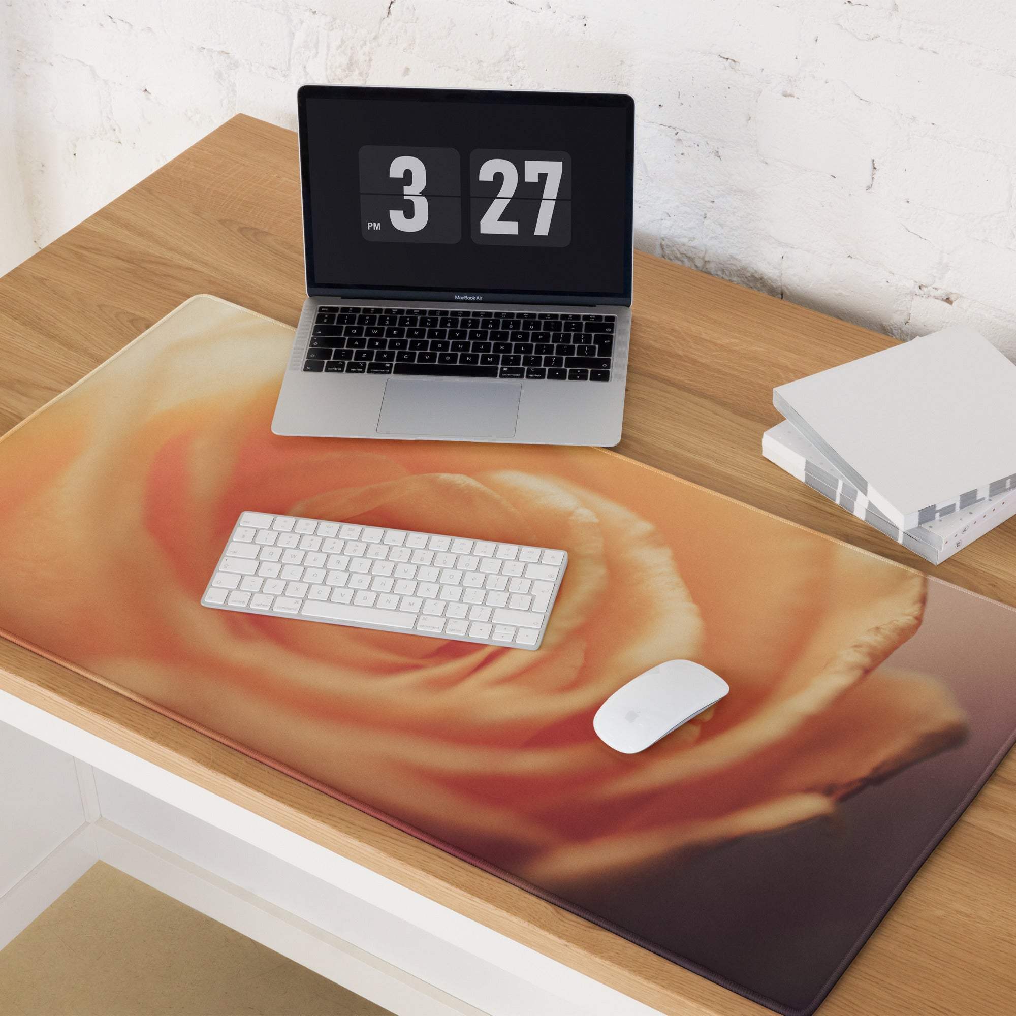 Large romantic peach rose gaming mouse pad with edge stitching