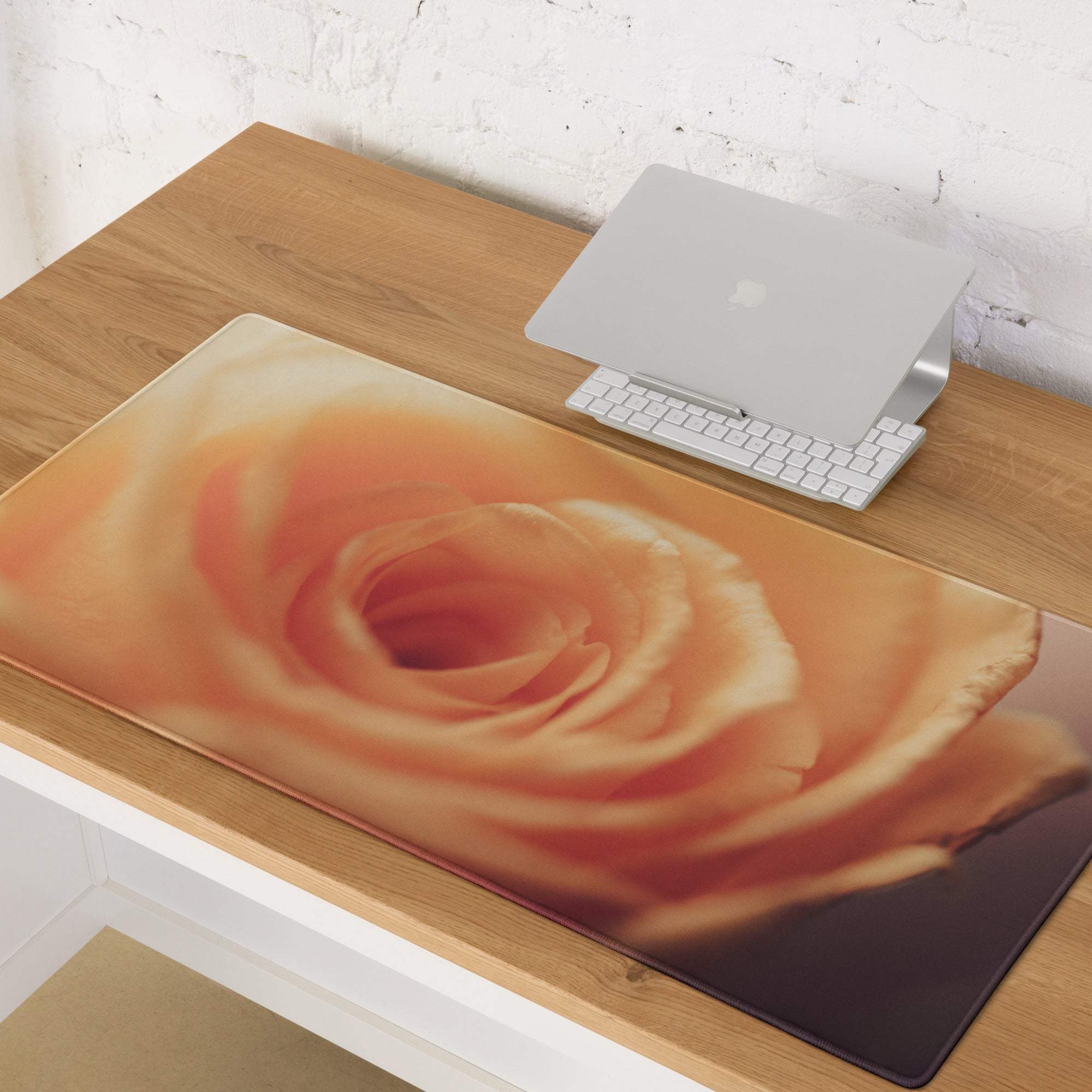 Romantic peach rose gaming mouse pad, transparent with edge stitching