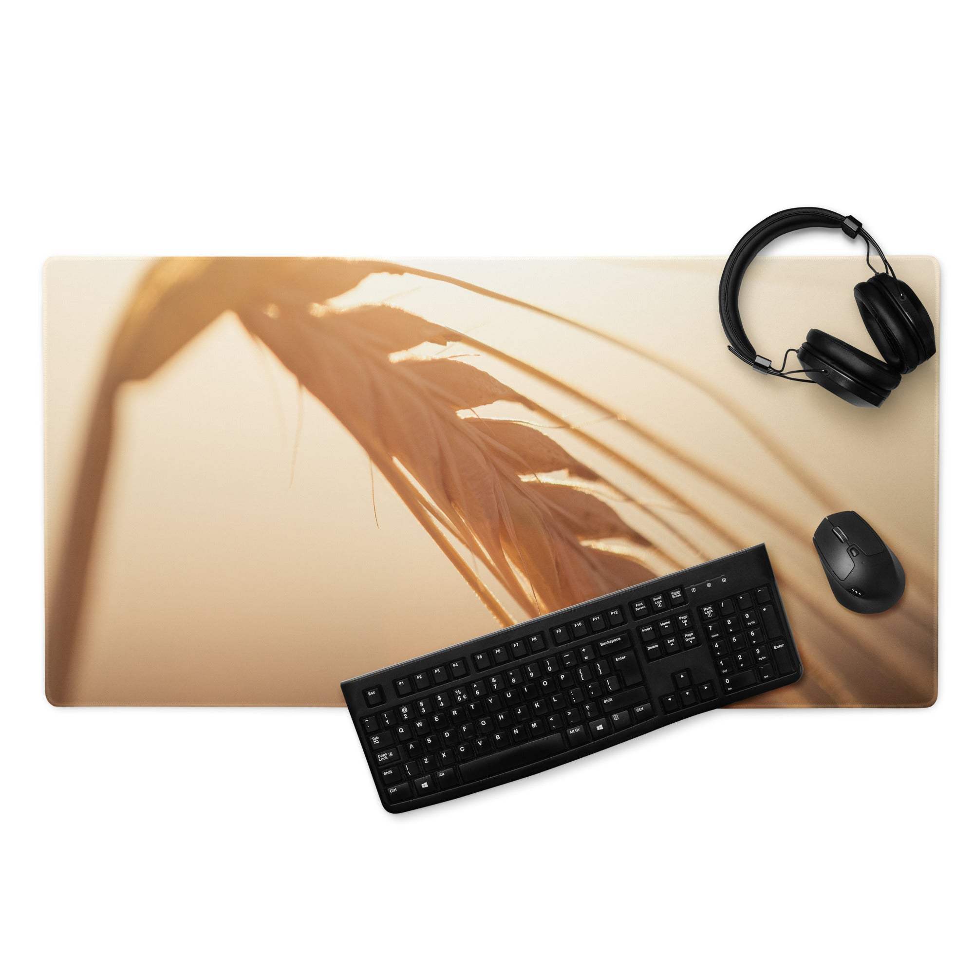 Sunset style golden wheat field warm glow gaming mouse pad with feather design