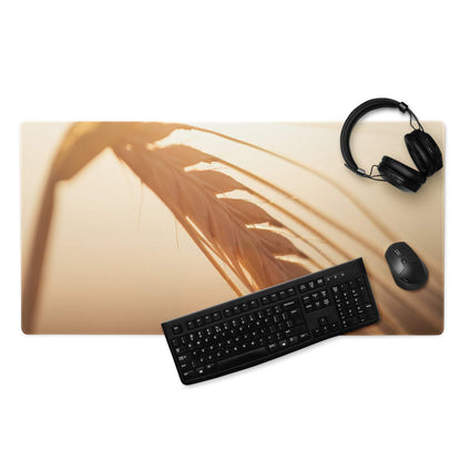Sunset style golden wheat field warm glow gaming mouse pad with feather design