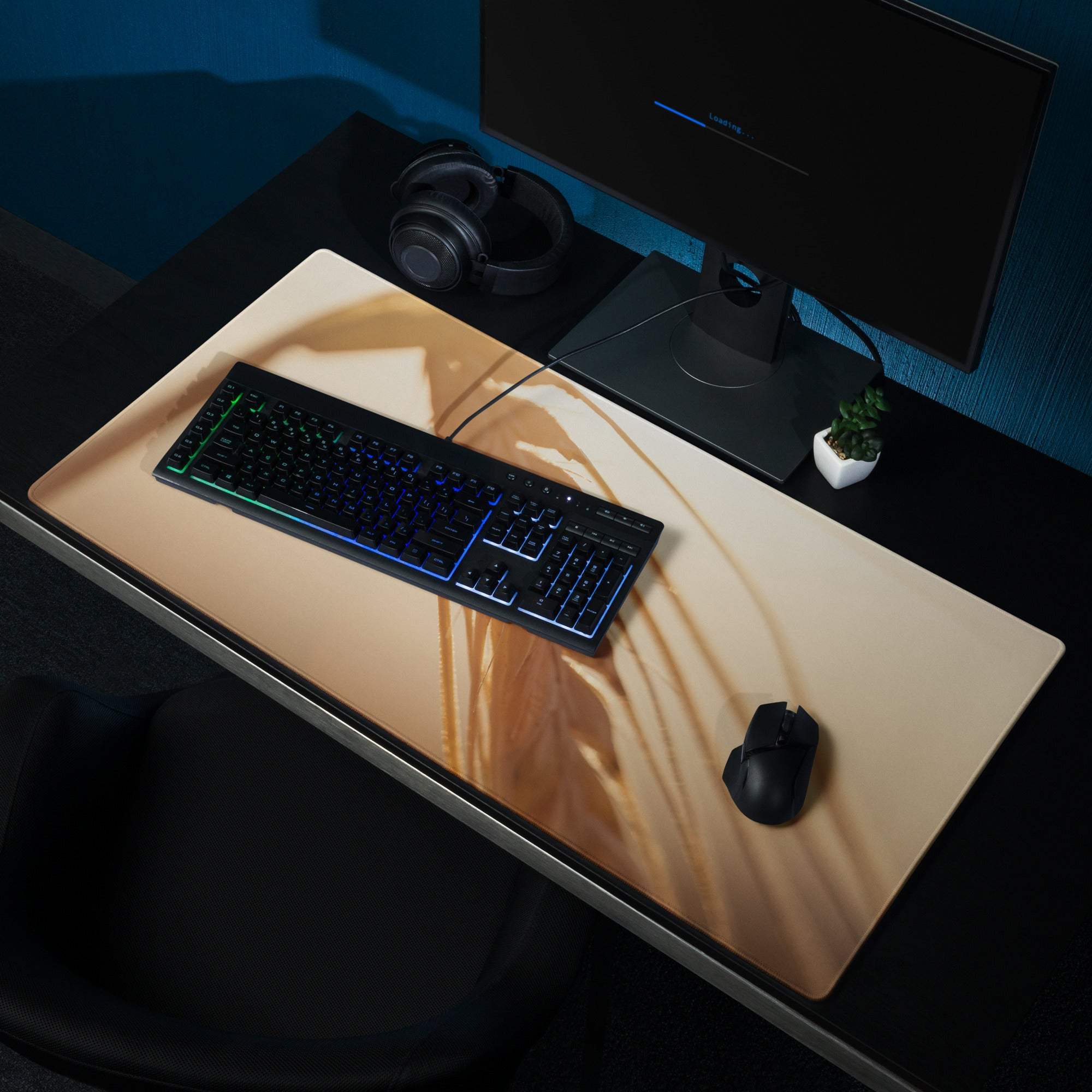 Beige gaming mousepad with golden sunbeam and wheat field design