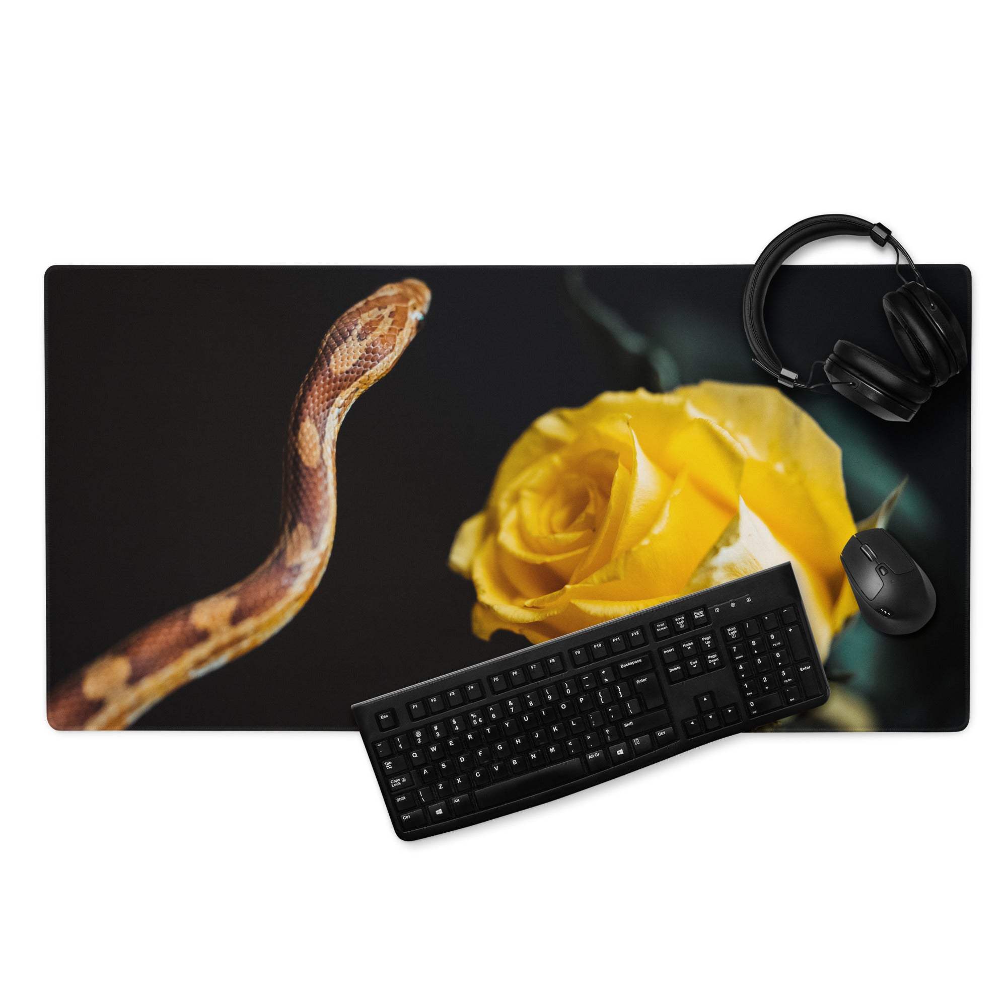 Elegant black gaming mouse pad with coiled snake and yellow rose