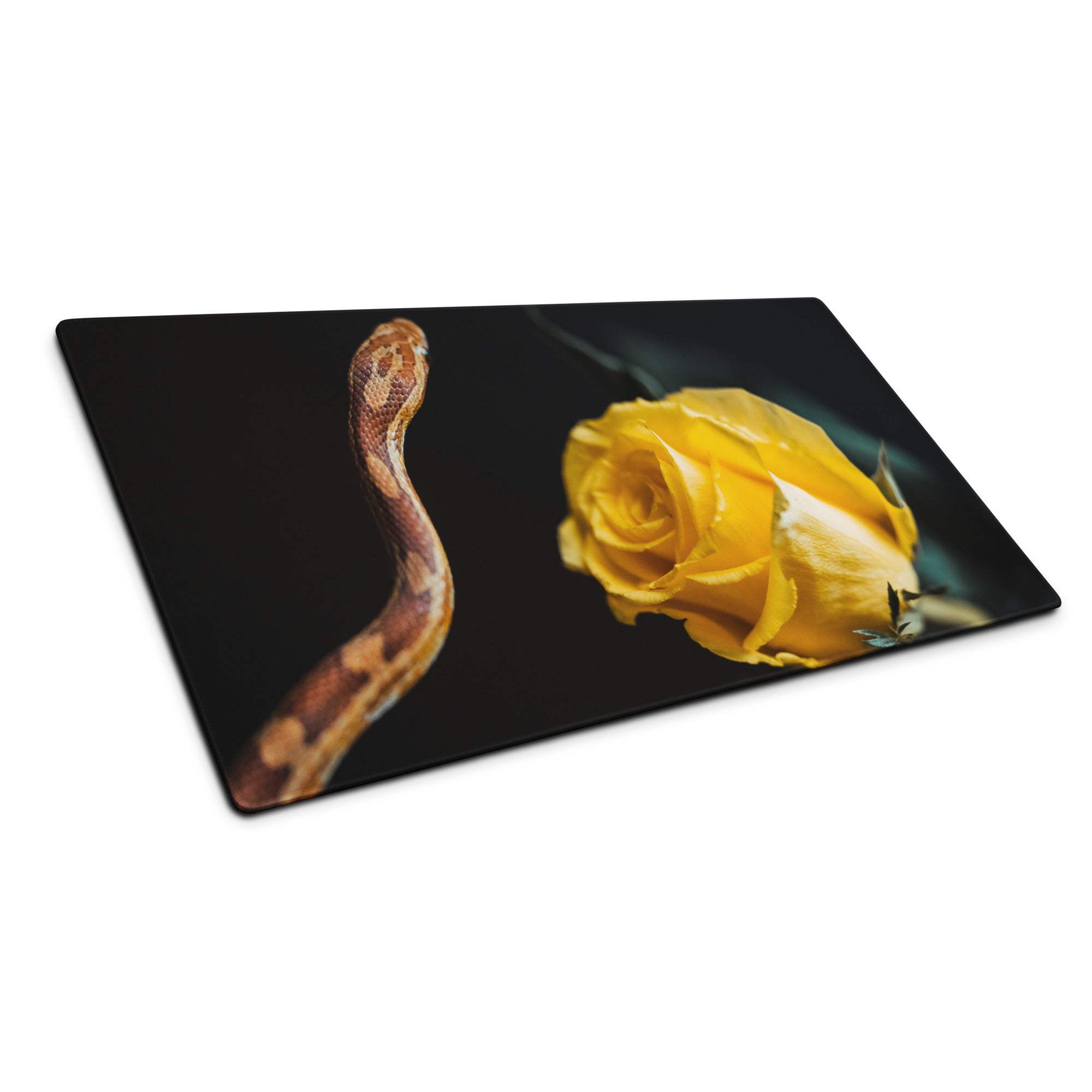 Black rectangular cutting board with coiled brown tan snake and yellow rose image