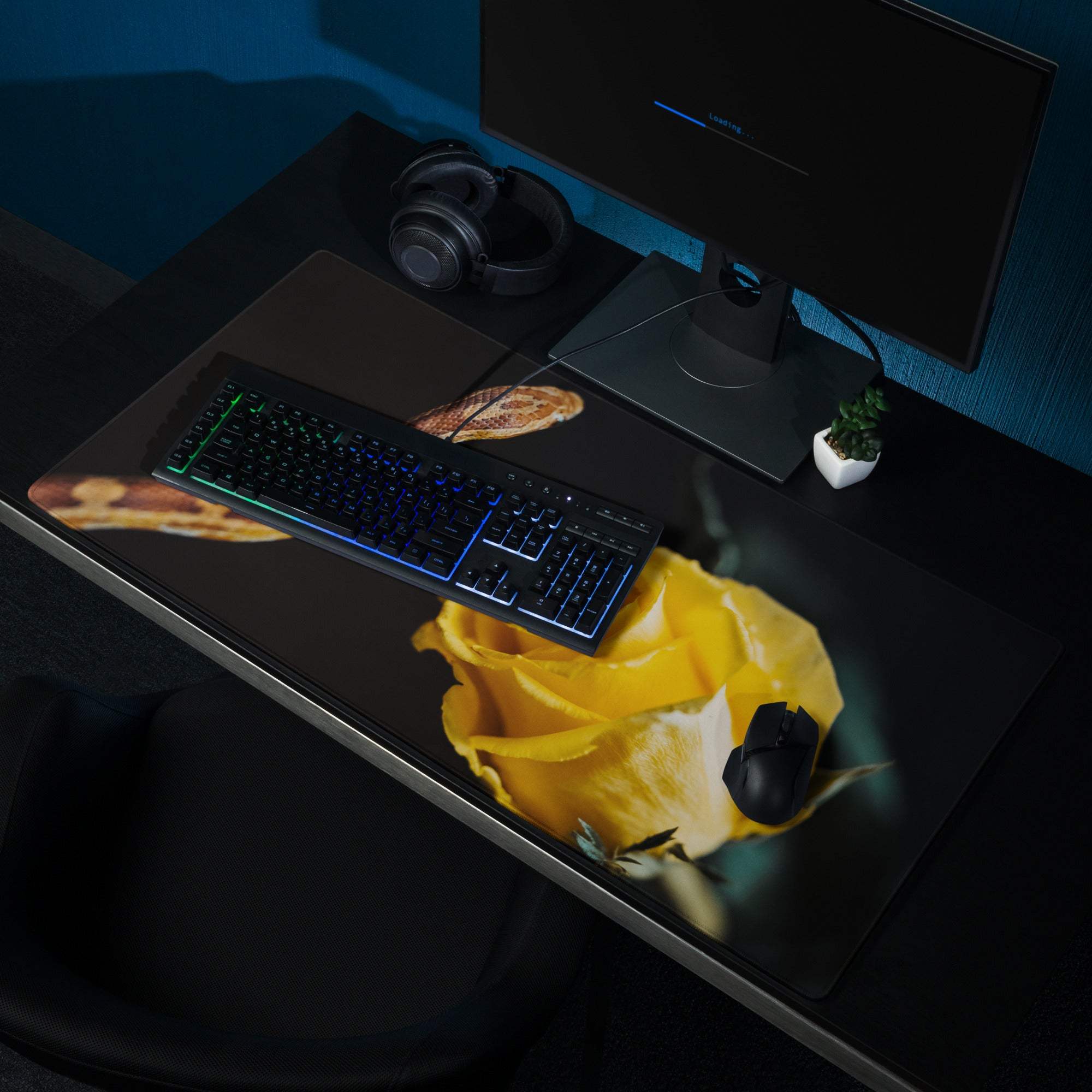 Black gaming mouse pad with yellow rose, bacon, and elegant snake graphic