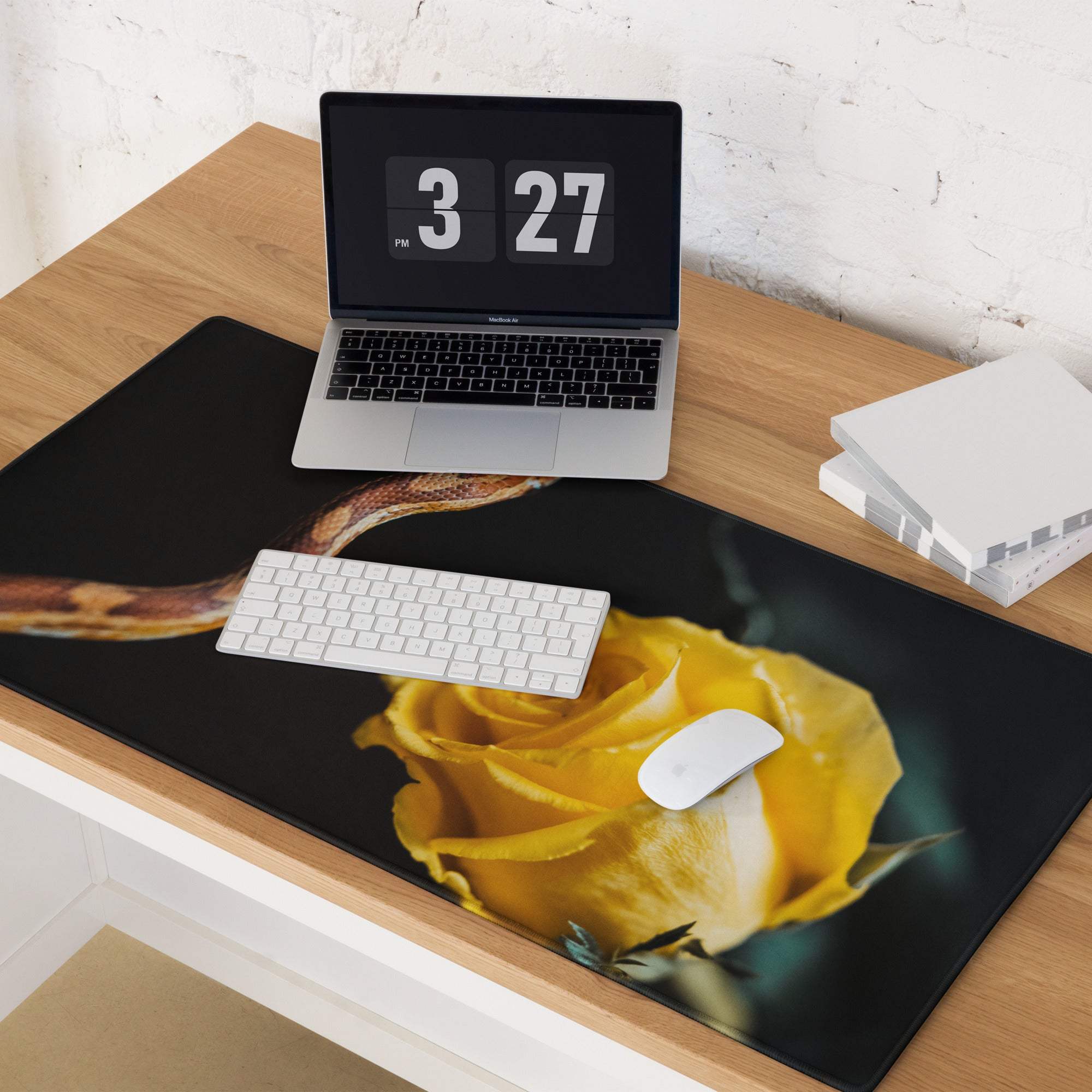 Elegant snake and yellow rose moody black gaming mouse pad large