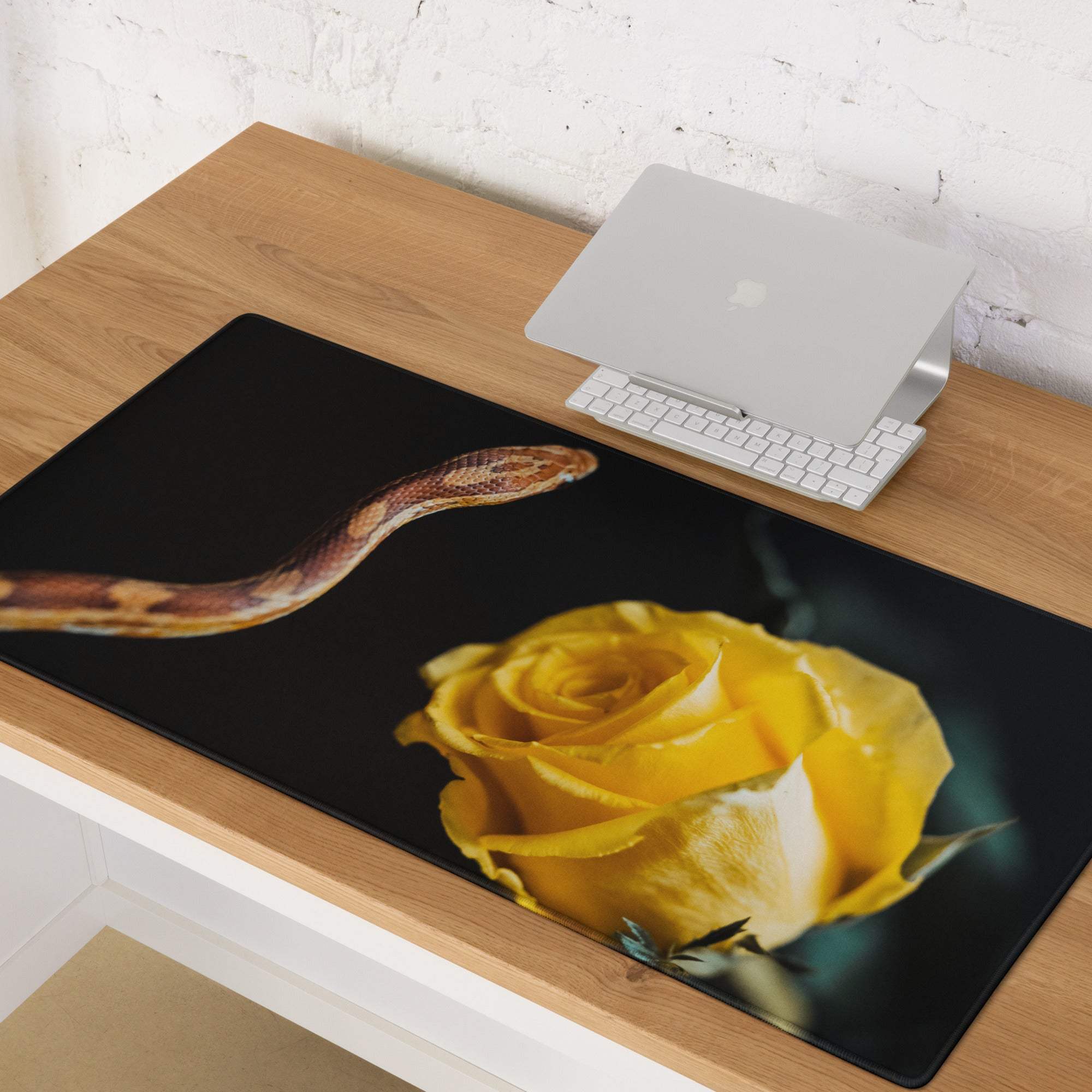 Elegant snake and yellow rose moody black gaming mouse pad large