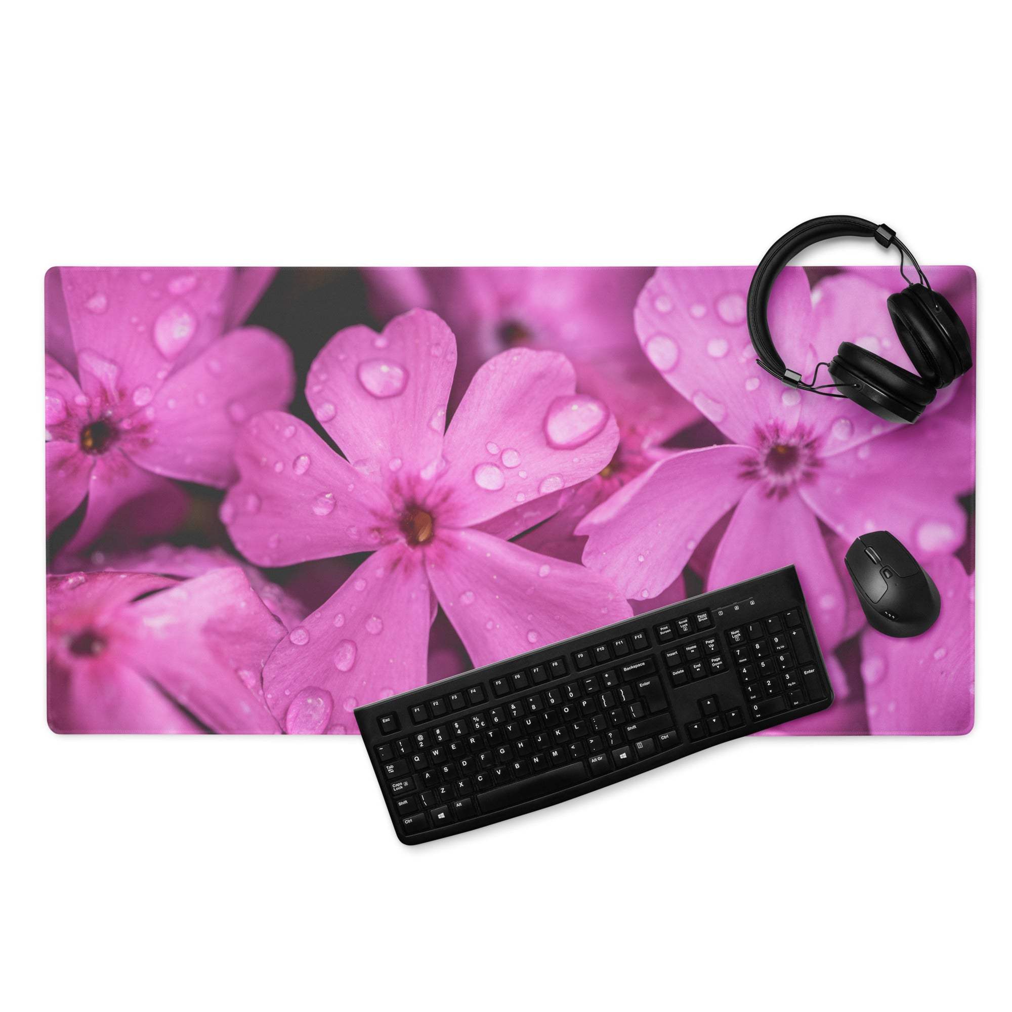 Pink floral gaming mousepad with water droplets, large non-slip base