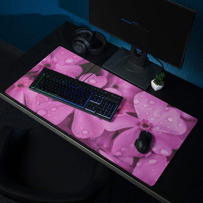 Pink floral bloom gaming mouse pad with water droplets, non-slip base