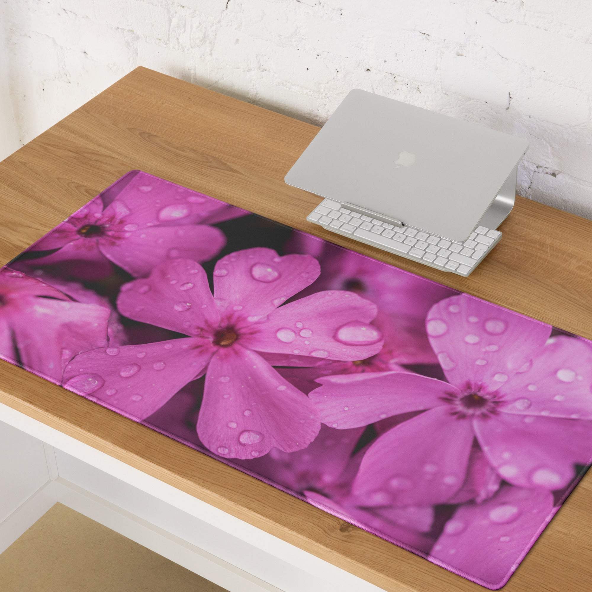 Floral pink bloom gaming mouse pad with purple blossoms and non-slip base