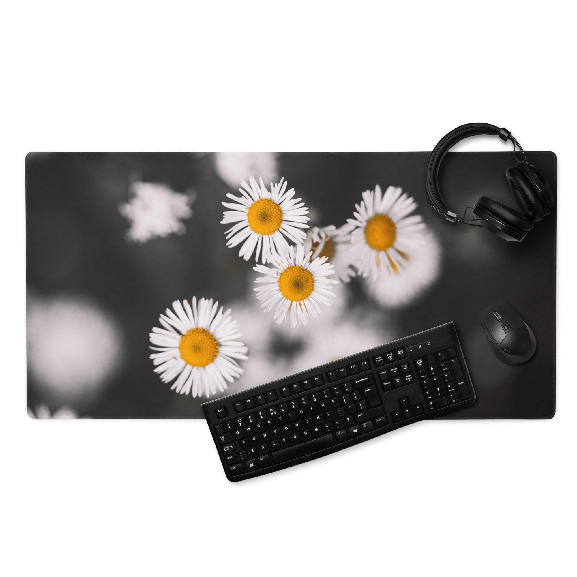Elegant monochrome daisy field gaming mouse pad with non-slip base
