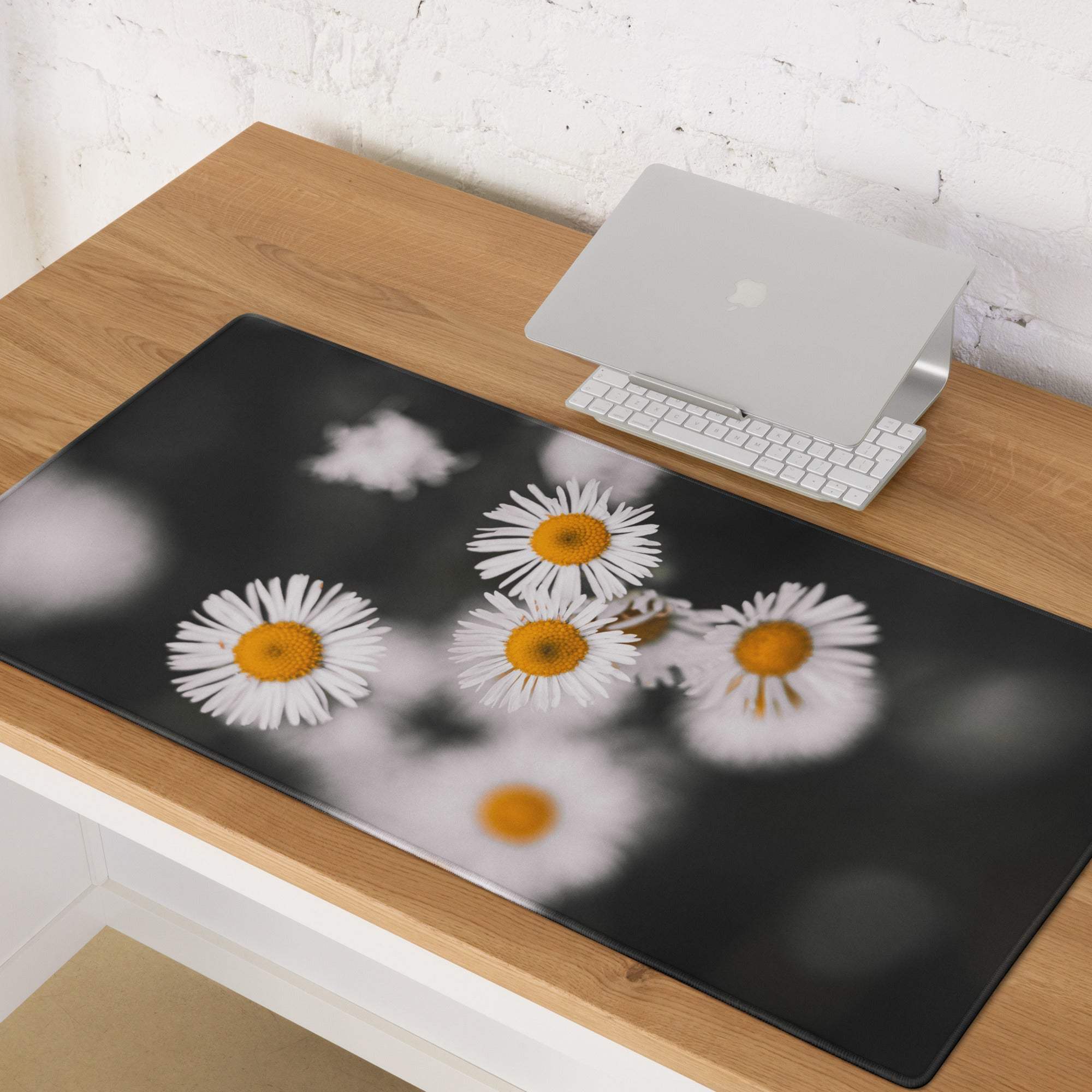 Elegant monochrome daisy field gaming mouse pad with non-slip base