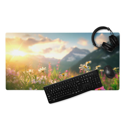 Sunlit Meadow large gaming mouse pad with scenic flowers and mountains
