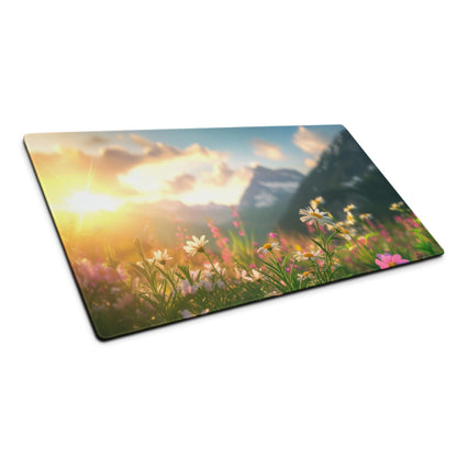 Sunlit Meadow large gaming mouse pad with vibrant sunset over mountains and wildflowers