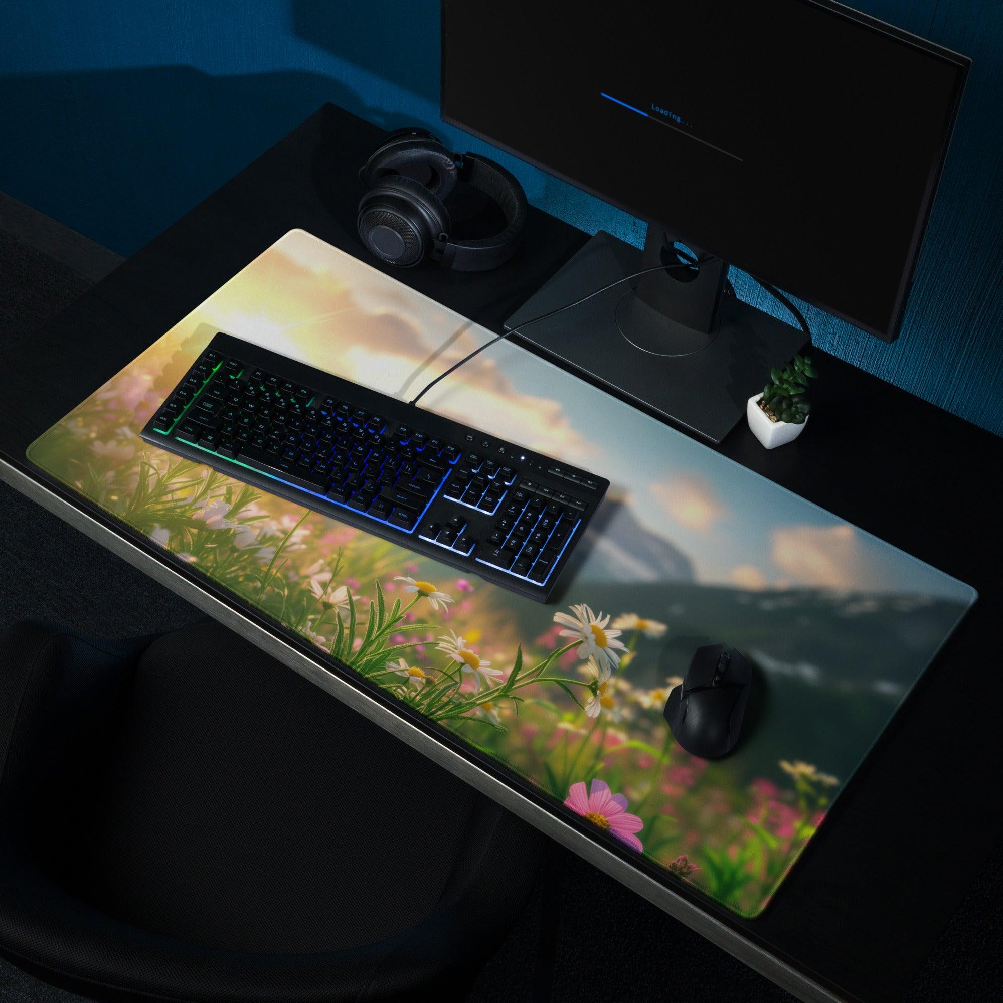 Sunlit Meadow large gaming mouse pad with daisies, pink flowers, clouds, mountains