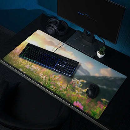 Sunlit Meadow large gaming mouse pad with daisies, pink flowers, clouds, mountains