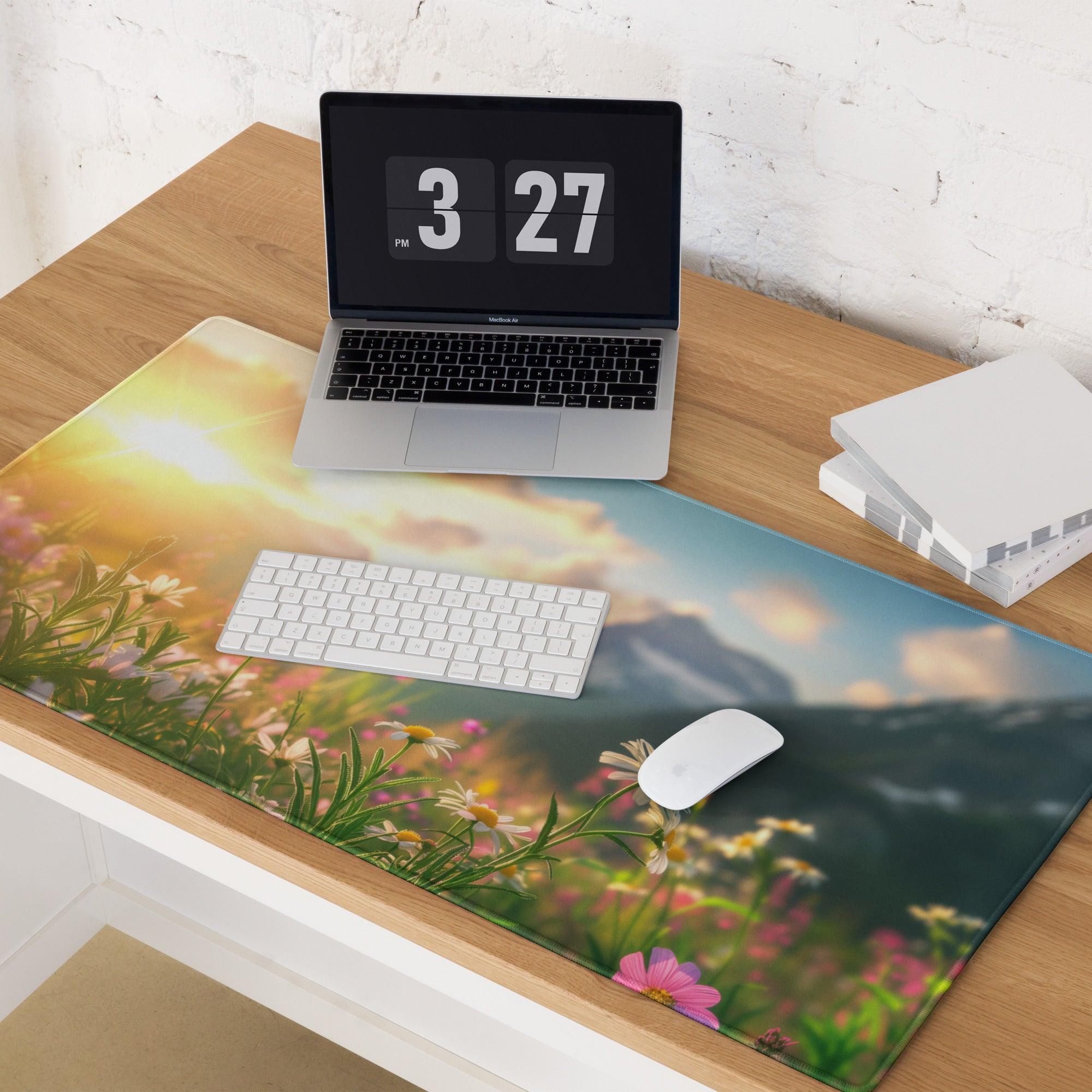 Sunlit Meadow large gaming mouse pad with wildflowers and sunrise