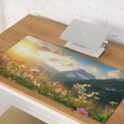 Sunlit Meadow large gaming mouse pad with pink wildflowers sunset