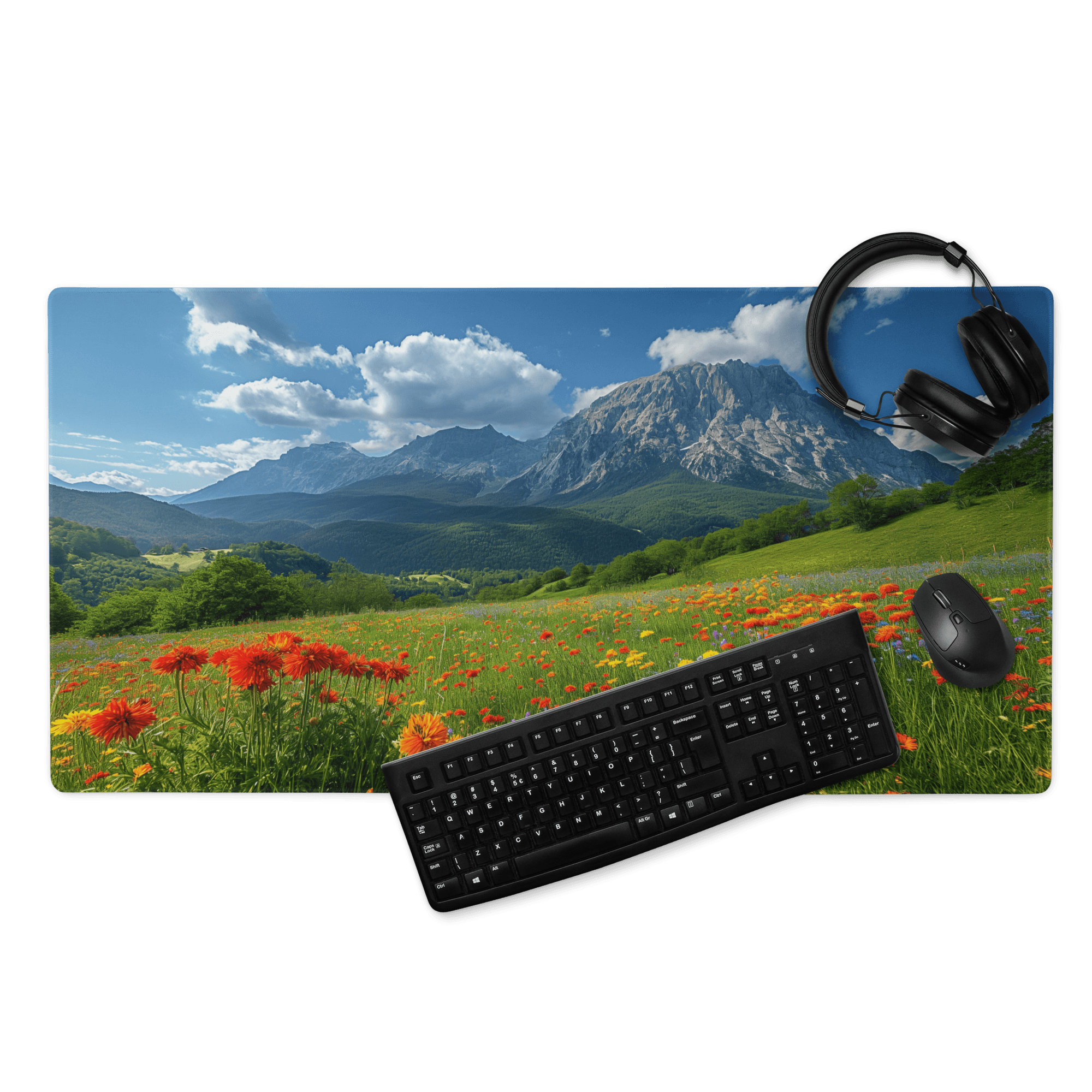 Vibrant landscape mouse pad with mountains, fields, orange flowers, blue sky