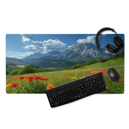 Vibrant landscape mouse pad with mountains, fields, orange flowers, blue sky