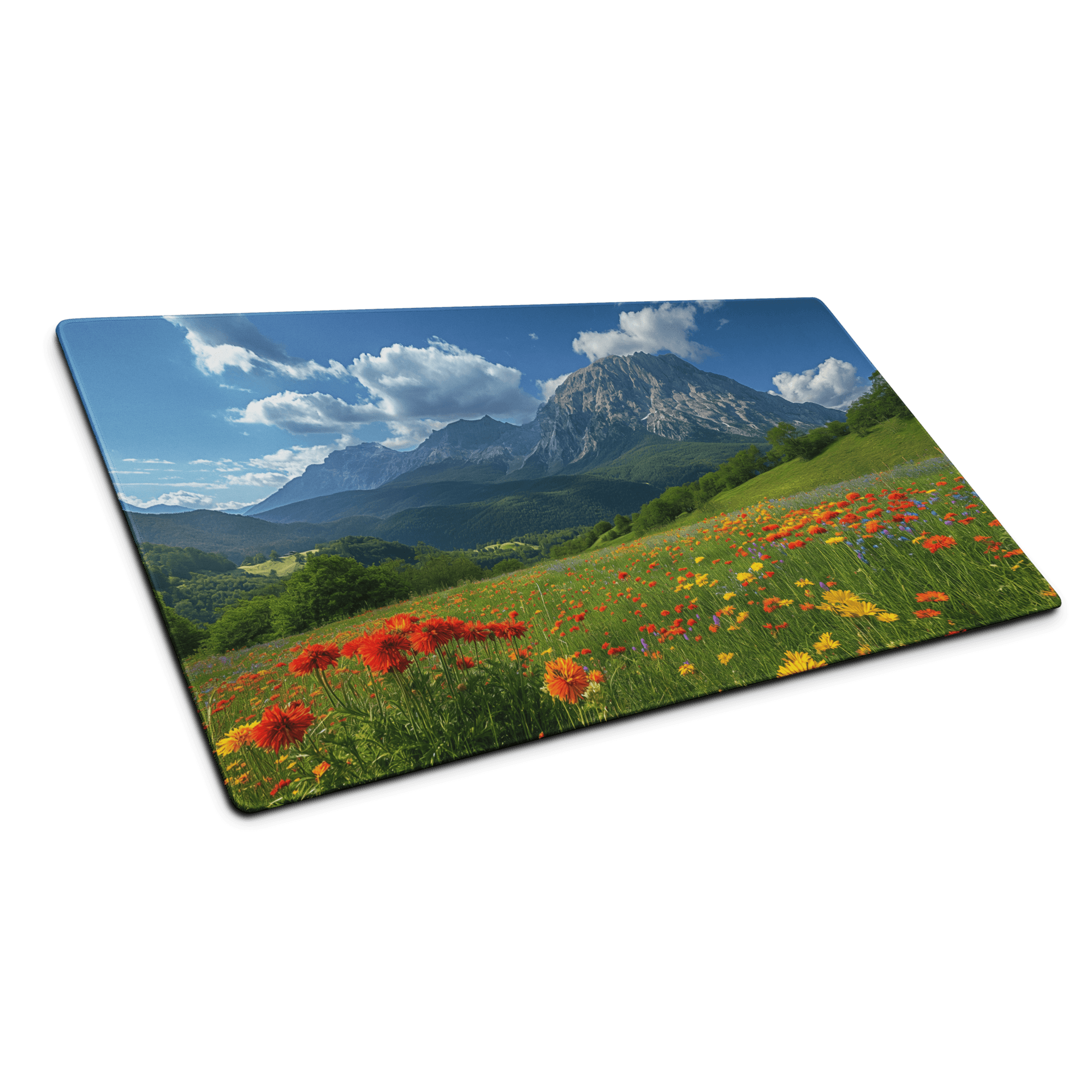 Vibrant wildflowers and snow-capped mountains on non-slip rectangular metal coaster