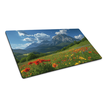 Vibrant wildflowers and snow-capped mountains on non-slip rectangular metal coaster