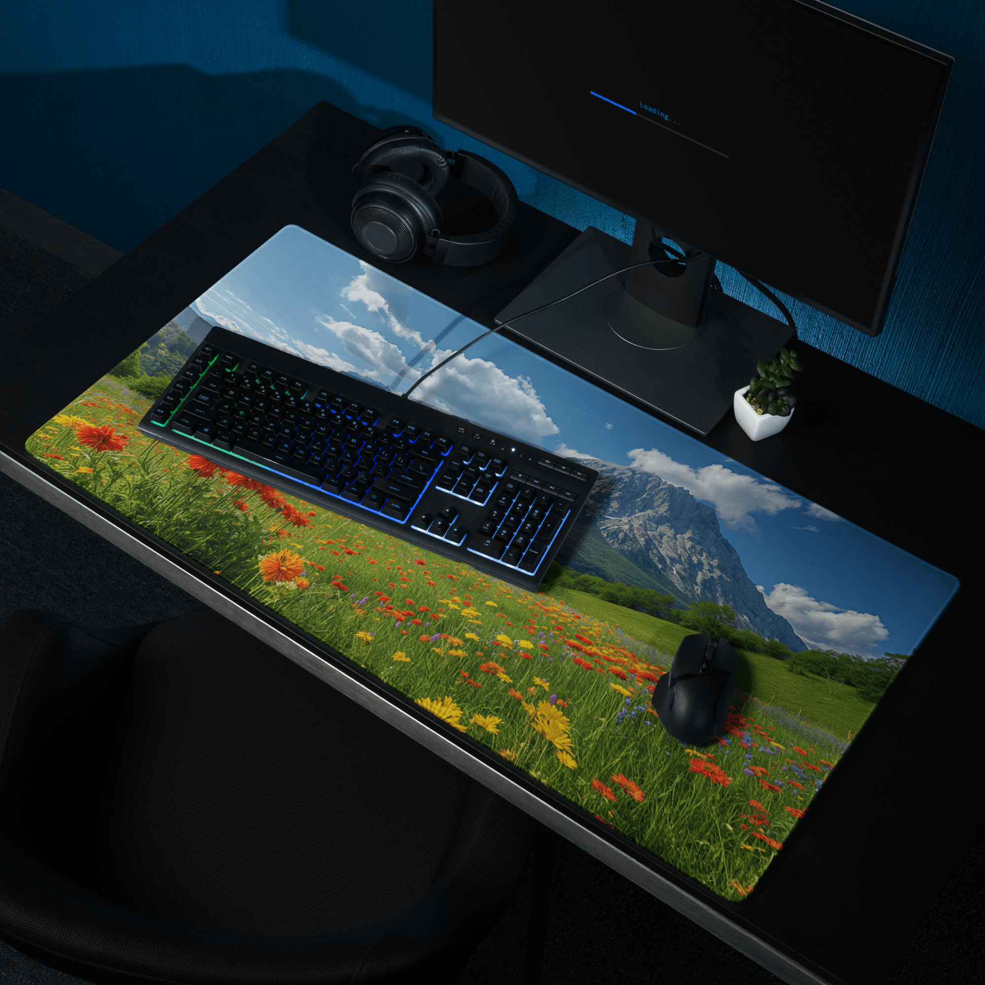 Vibrant meadow field mouse pad with mountains, non-slip gaming desk mat