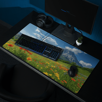 Vibrant meadow field mouse pad with mountains, non-slip gaming desk mat