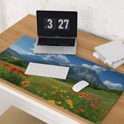 Vibrant floral meadow landscape mousepad with mountains and blue sky