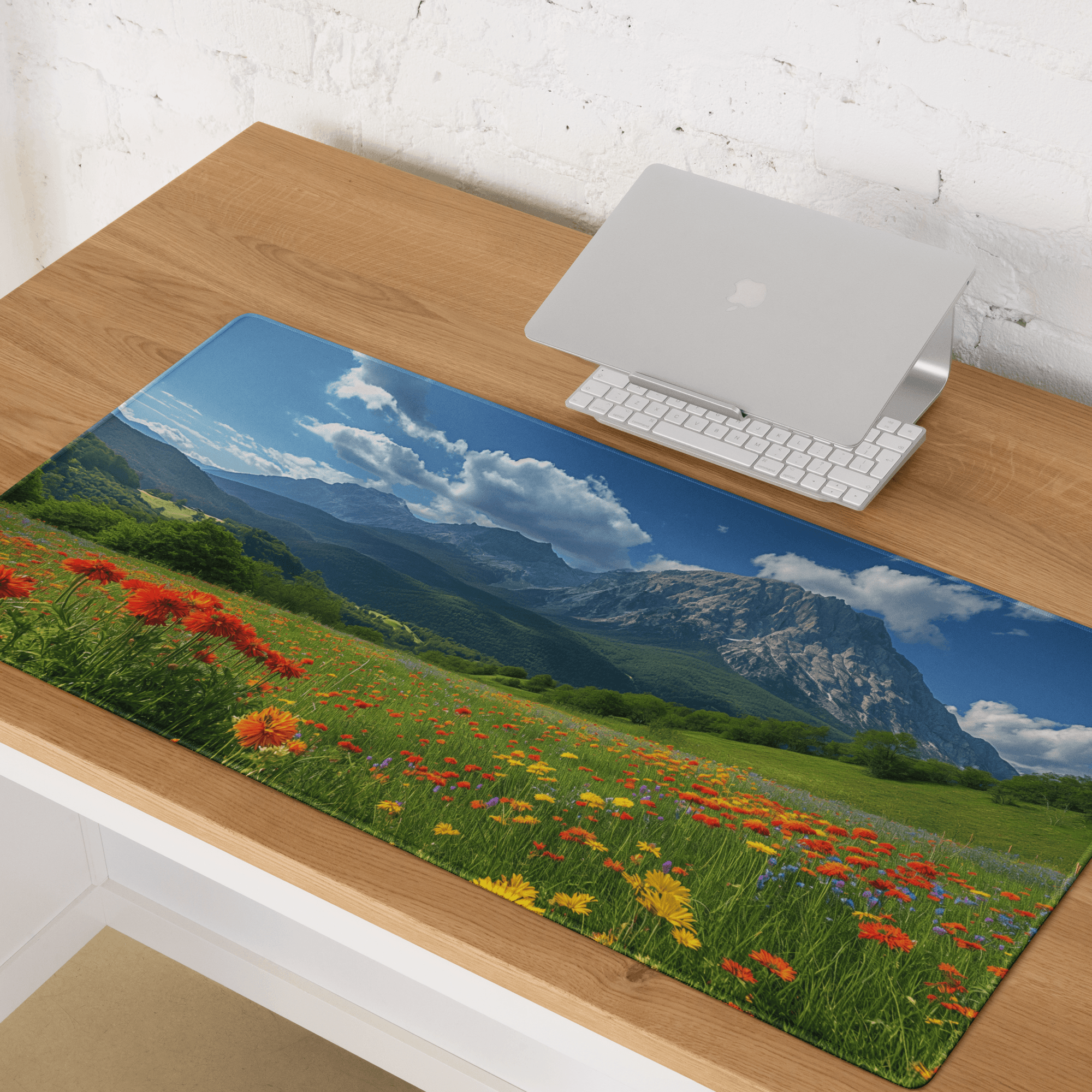 Vibrant colorful meadow wildflowers with mountains large gaming mousepad