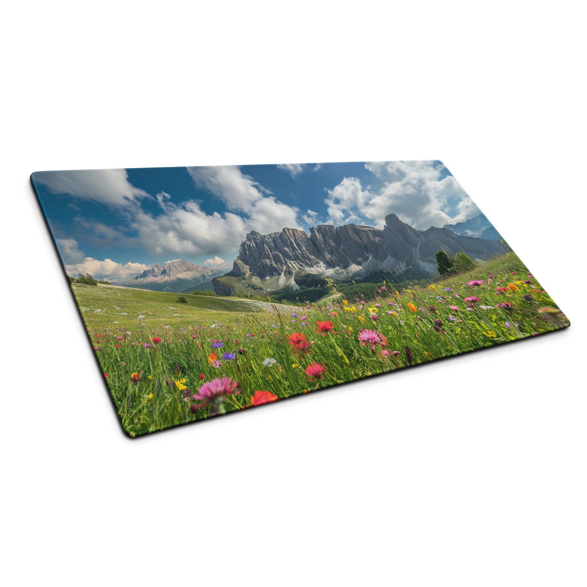 Epic Majestic large gaming desk mat with vivid meadow, mountains, non-slip base