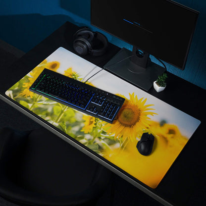 Vibrant sunflower field gaming mouse pad with glossy finish, large size, non-slip backing