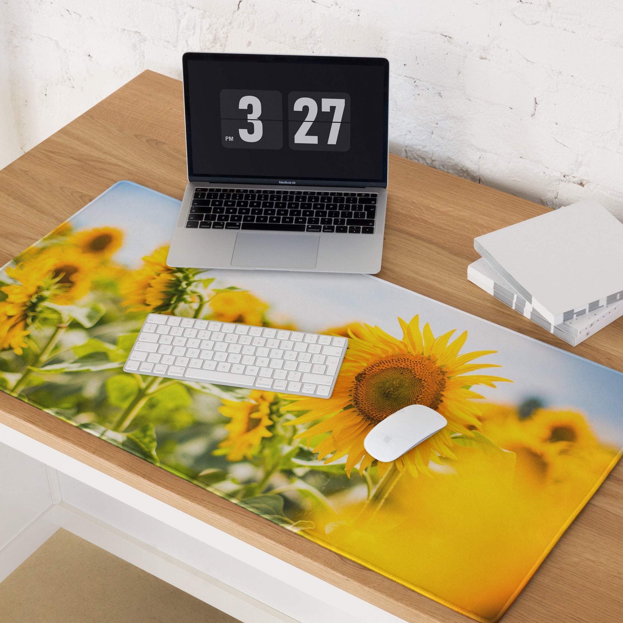 Vibrant sunflower field gaming mouse pad with non-slip backing