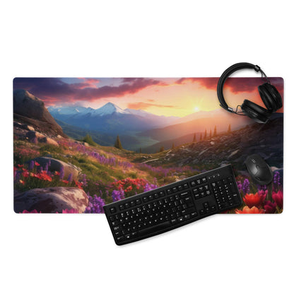 Vibrant sunset mountain gaming mouse pad with wildflowers, large stitched non-slip base