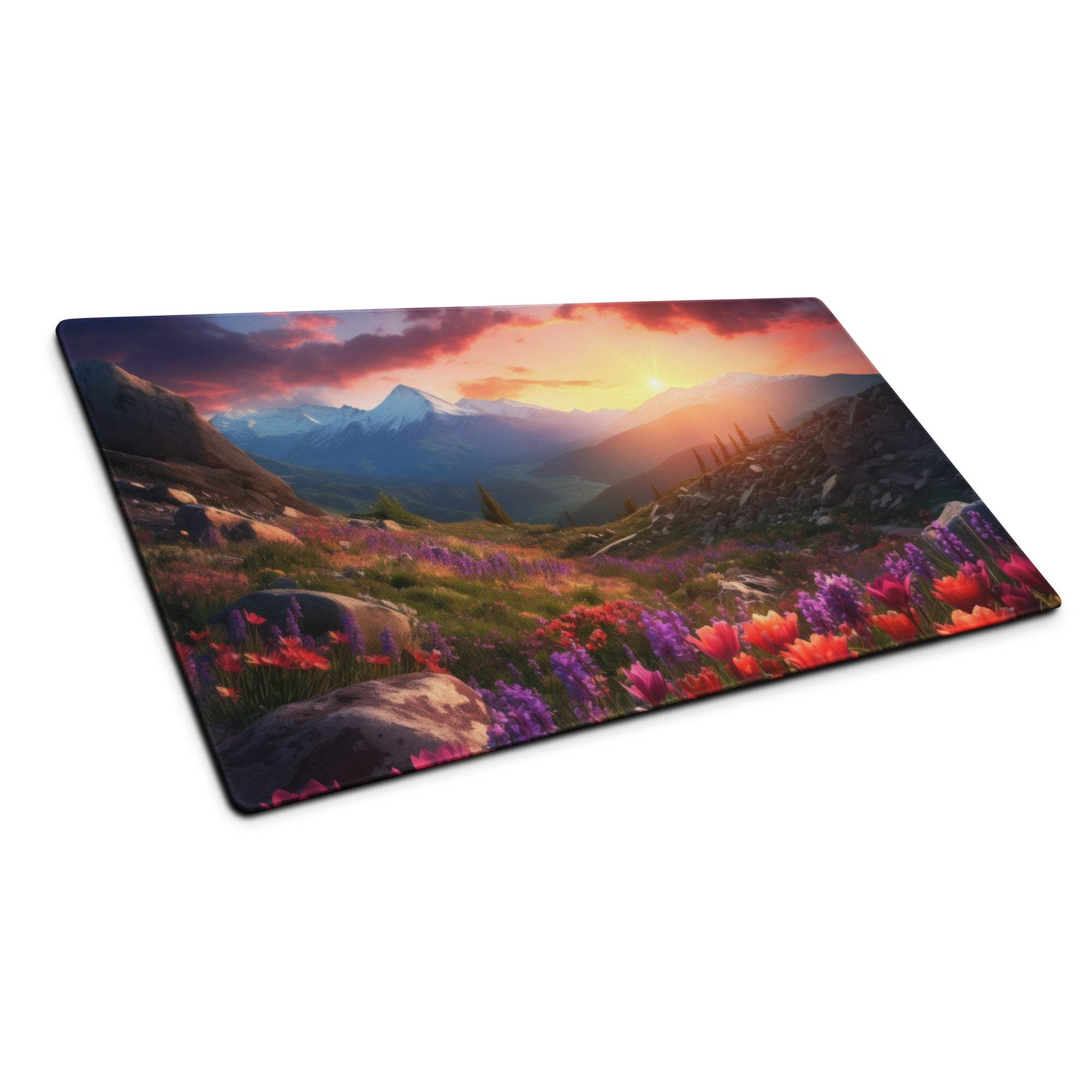 Vibrant sunset mountains and wildflowers landscape on large gaming mouse pad