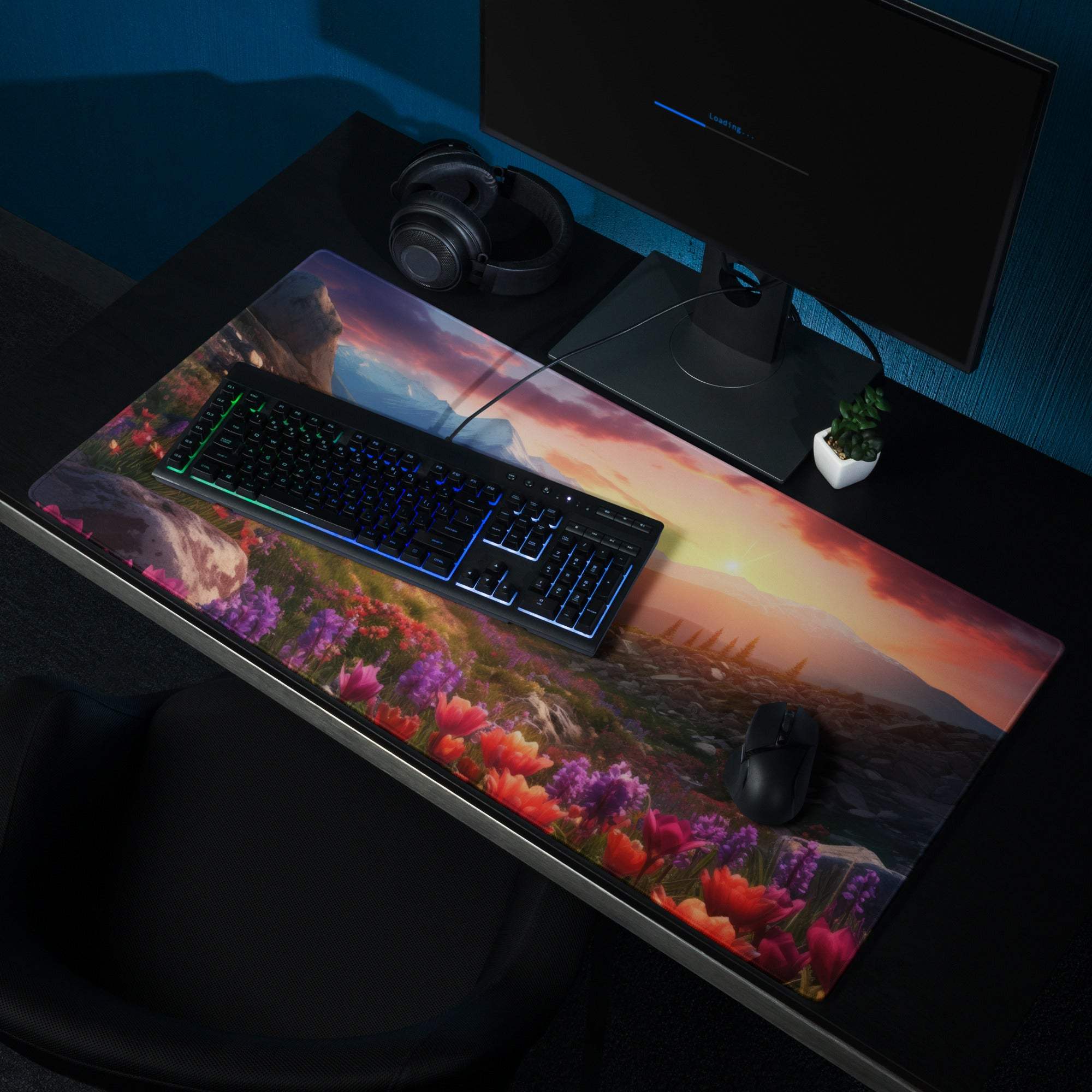Vibrant sunset landscape gaming mouse pad with large size, edge stitching, non-slip base
