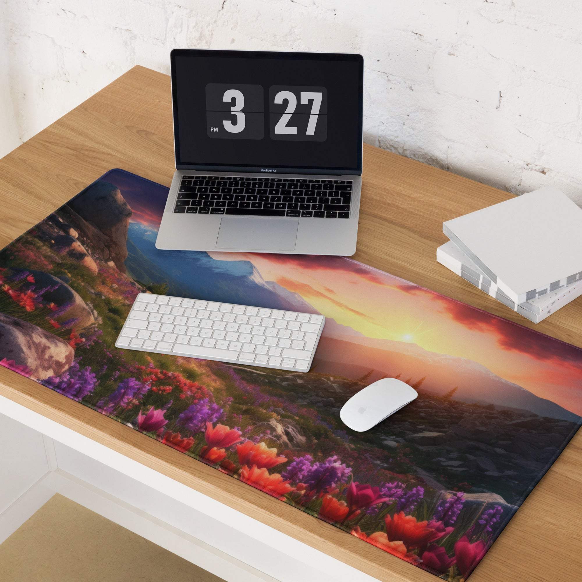Vibrant sunset floral gaming mouse pad with purple orange blossoms rocky terrain large stitched non-slip base