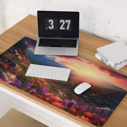 Vibrant sunset floral gaming mouse pad with purple orange blossoms rocky terrain large stitched non-slip base