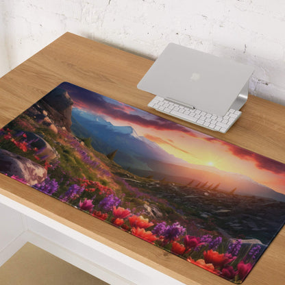Vibrant sunset floral landscape gaming mouse pad with edge stitching