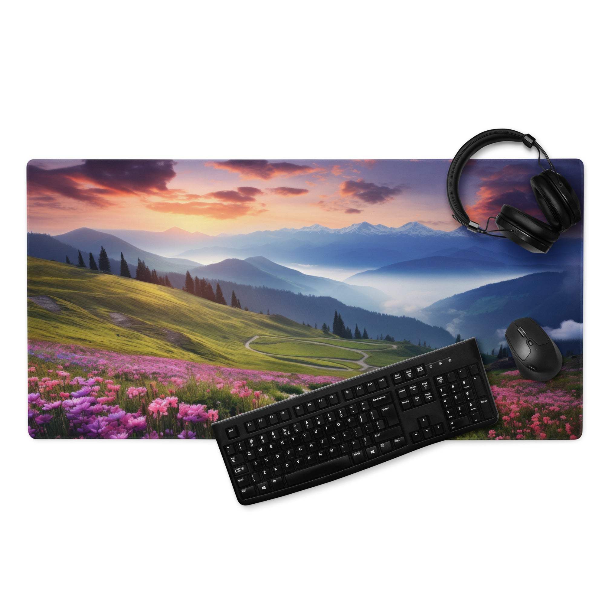 Epic Landscape Sunset Violet Pink Flower Meadow Gaming Mouse Pad