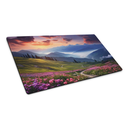 Vibrant violet pink wildflower meadow sunset over rugged mountains mouse pad