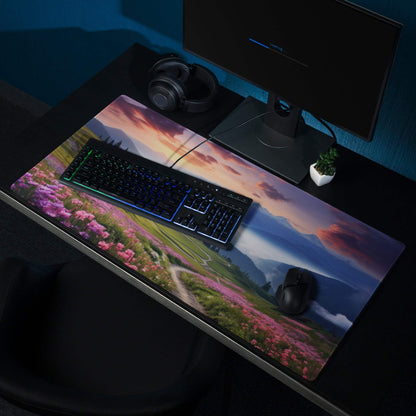 Epic Landscape Sunset Violet Pink Flower Meadow Gaming Mouse Pad