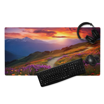 Scenic mountain sunset meadow gaming mouse pad with non-slip edges
