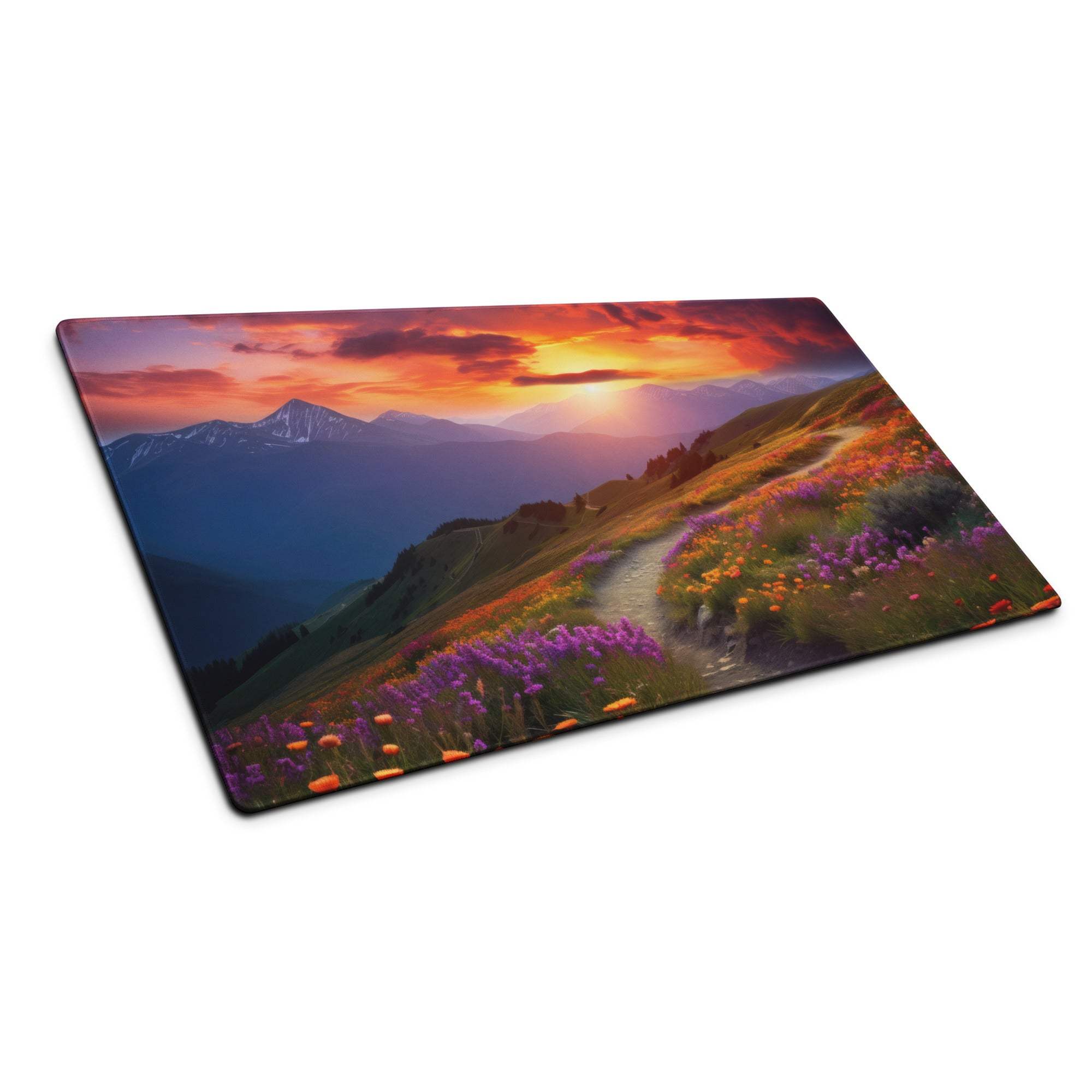 Scenic Mountain Sunset Meadow glass cutting board with vibrant wildflowers